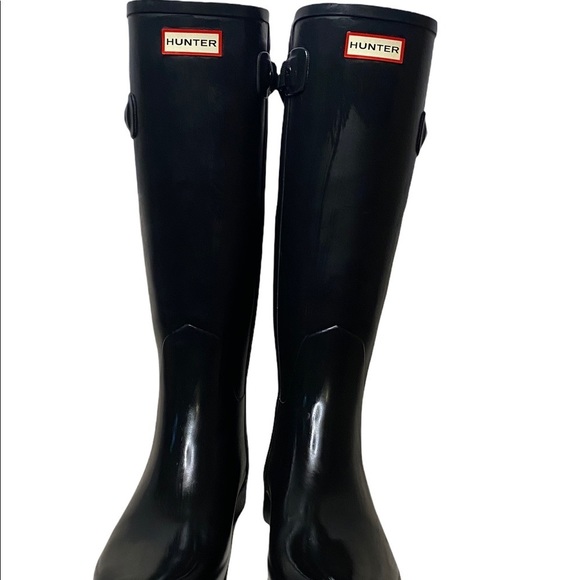 Hunter Wellies Flat Black Rain Boots adjustable strap at top size 9 With Box - Picture 1 of 10